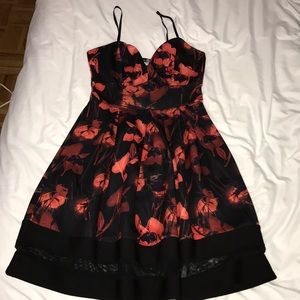 Jenna Dark Floral Mesh Hem Skater Dress